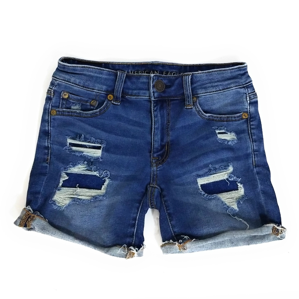 AMERICAN EAGLE Next Level Stretch Distressed Patched Midi Shorts Size 0